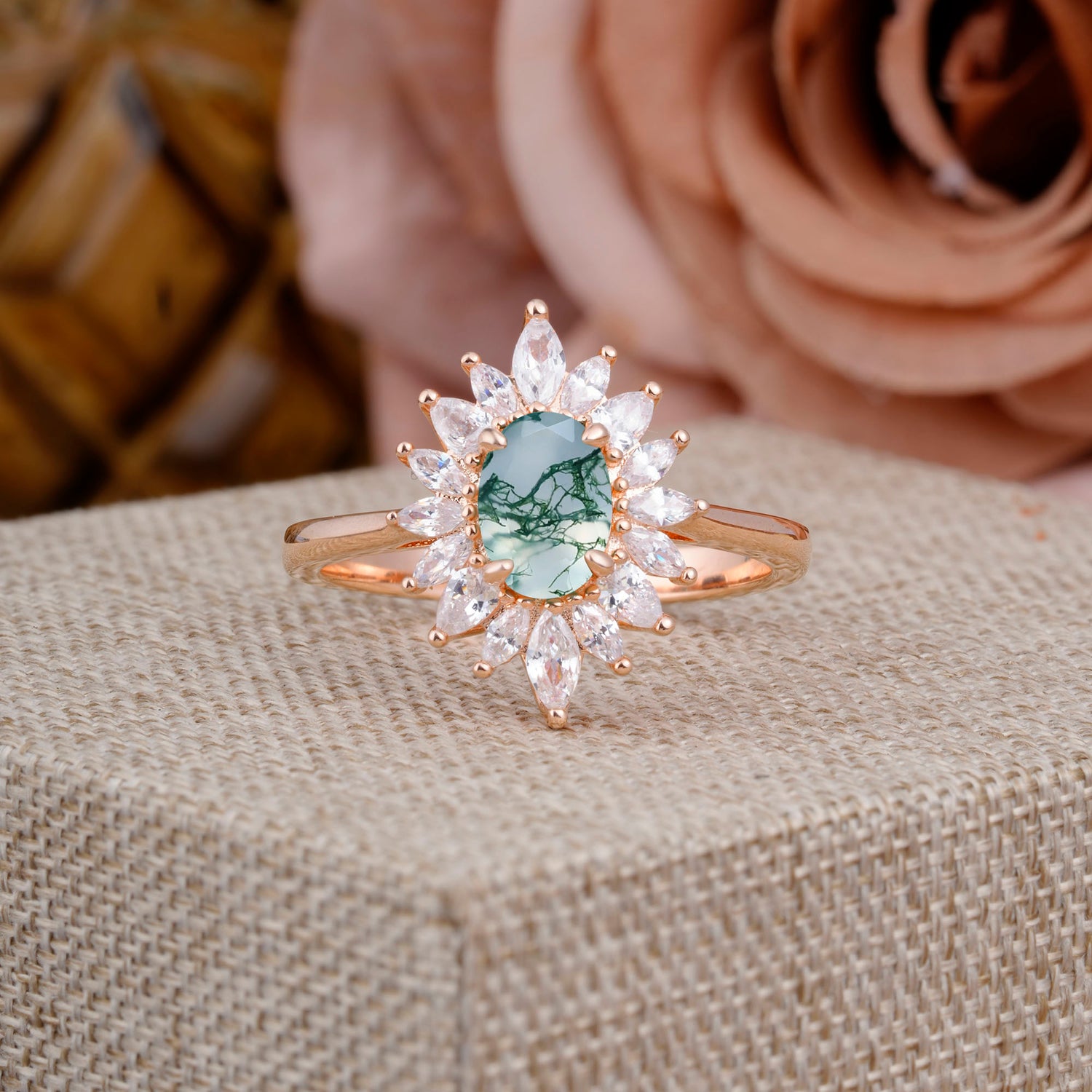1 Carat Oval Cut Cluster Moss Agate Halo Engagement Ring