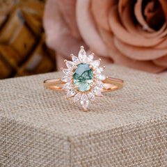 1 Carat Oval Cut Cluster Moss Agate Engagement Ring Vintage Halo Bridal Ring
