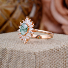 1 Carat Oval Cut Cluster Moss Agate Engagement Ring Vintage Halo Bridal Ring