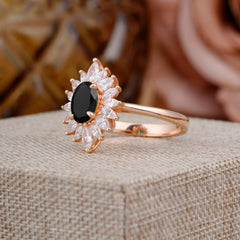 1 Carat Oval Cut Cluster Black Onyx Engagement Ring Vintage Halo Bridal Ring