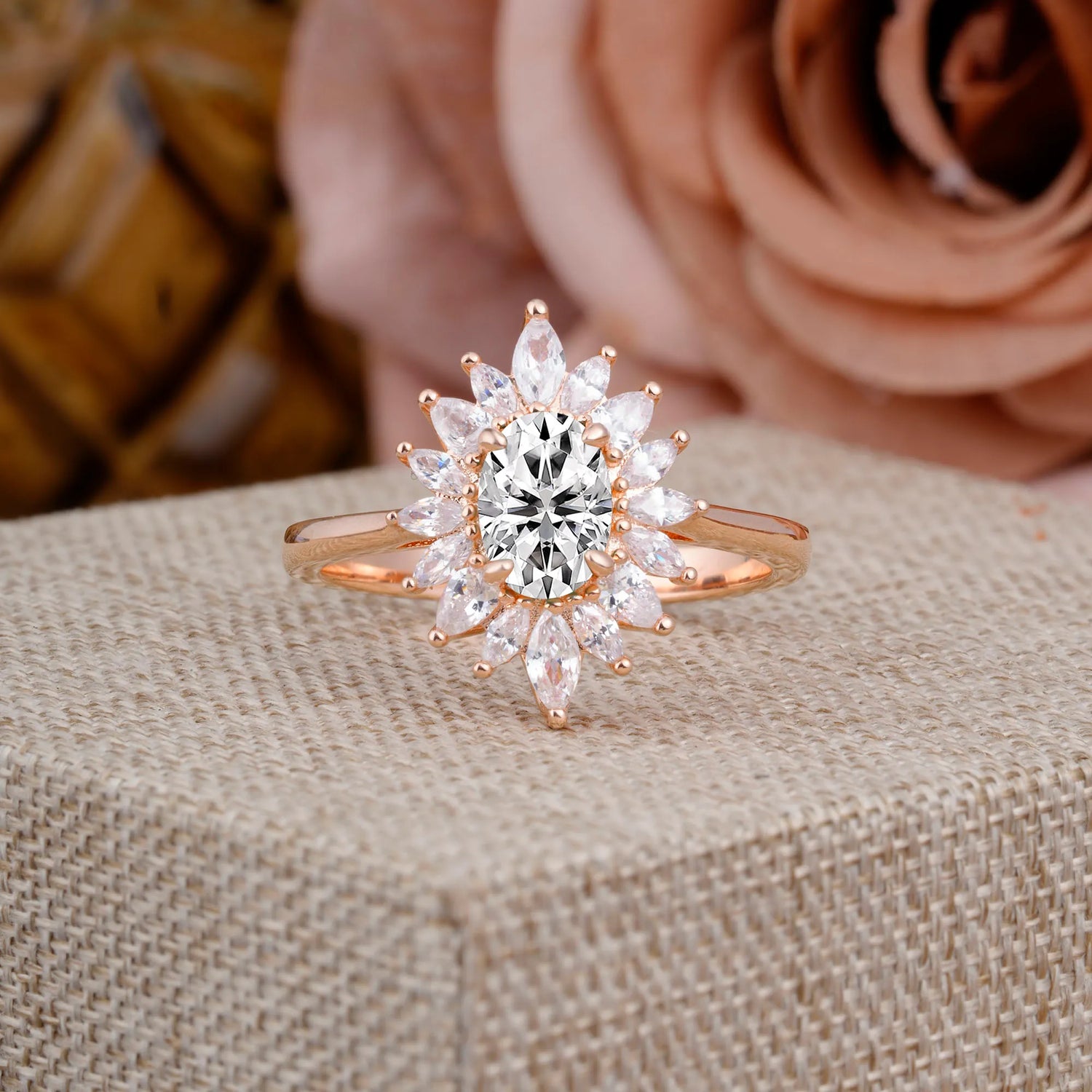 1 Carat Oval Cut Flower Lab Diamond Halo Engagement Ring