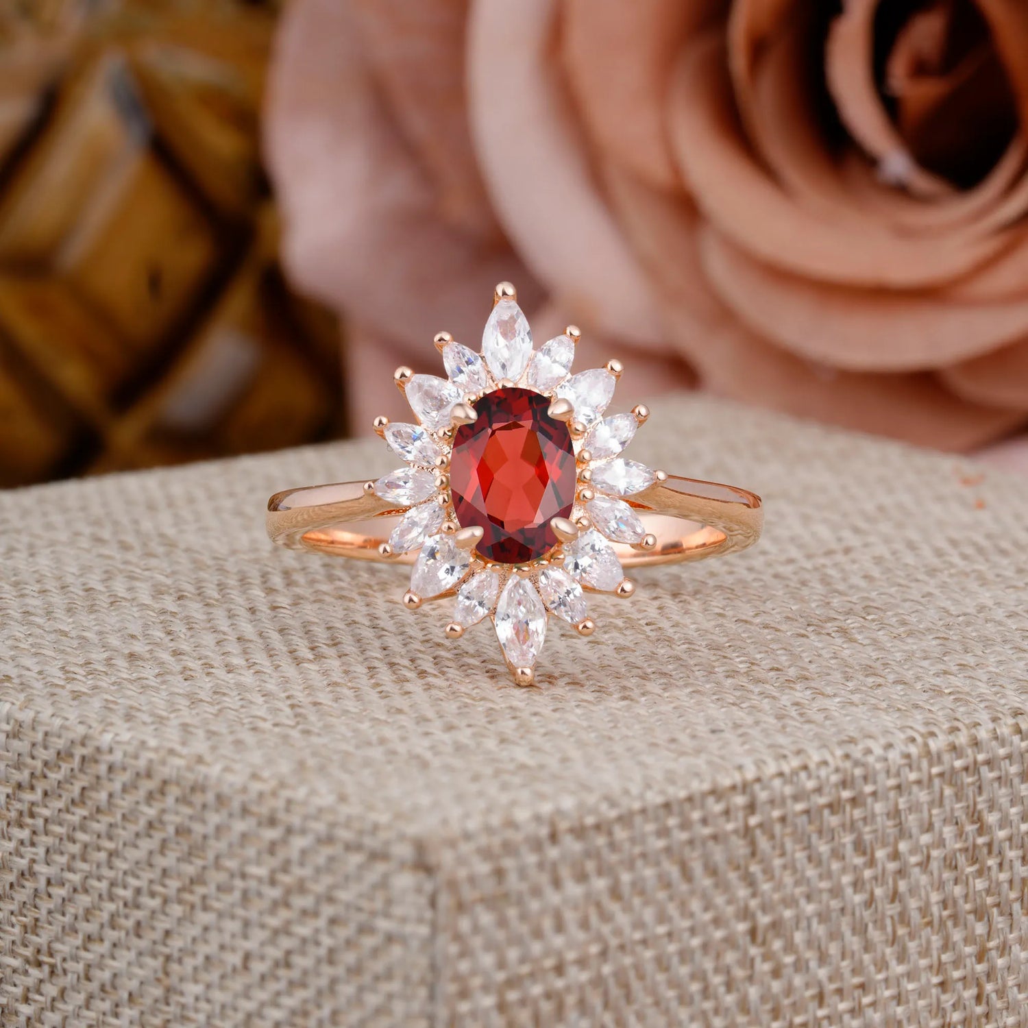 1 Carat Oval Cut Cluster Garnet Engagement Ring Vintage Halo Bridal Ring
