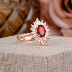 1 Carat Oval Cut Cluster Garnet Engagement Ring Vintage Halo Bridal Ring
