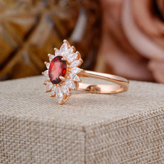 1 Carat Oval Cut Cluster Garnet Engagement Ring Vintage Halo Bridal Ring