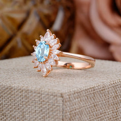 1 Carat Oval Cut Cluster Aquamarine Engagement Ring Vintage Halo Bridal Ring