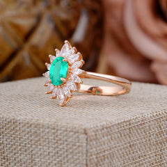 1 Carat Oval Cut Cluster Emerald Engagement Ring Vintage Halo Bridal Ring