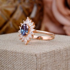 1 Carat Oval Cut Cluster Alexandrite Engagement Ring Vintage Halo Bridal Ring