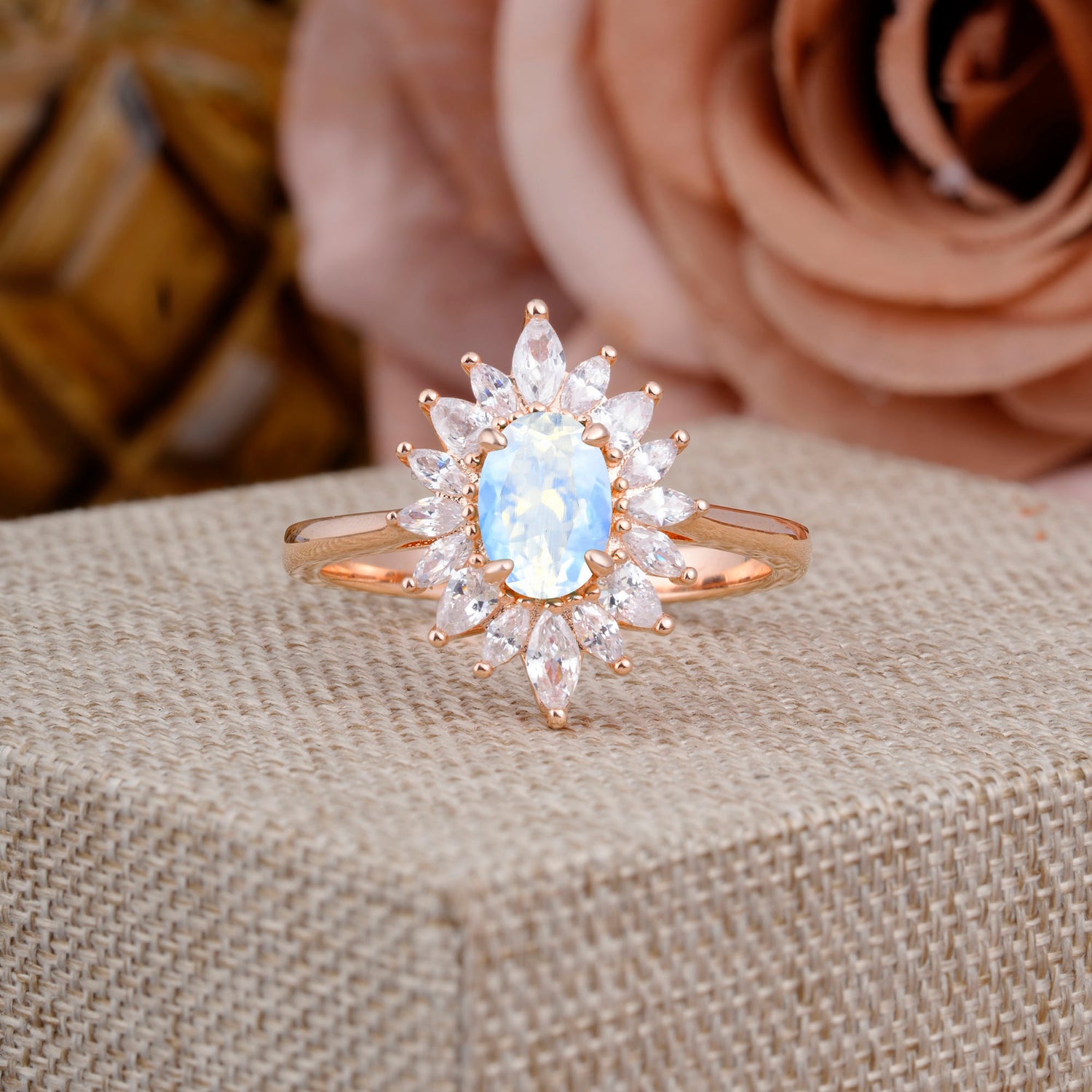 1 Carat Oval Cut Cluster Natural Moonstone Halo Engagement Ring - Romalar Jewelry
