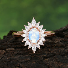 1 Carat Oval Cut Cluster Moonstone Engagement Ring Vintage Halo Bridal Ring