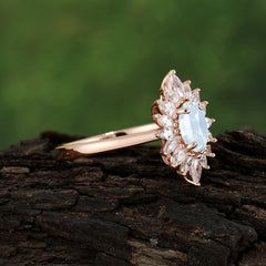 1 Carat Oval Cut Cluster Moonstone Engagement Ring Vintage Halo Bridal Ring