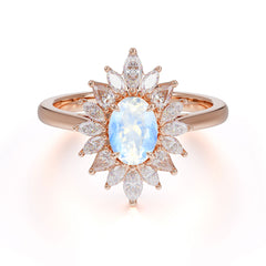 1 Carat Oval Cut Cluster Moonstone Engagement Ring Vintage Halo Bridal Ring