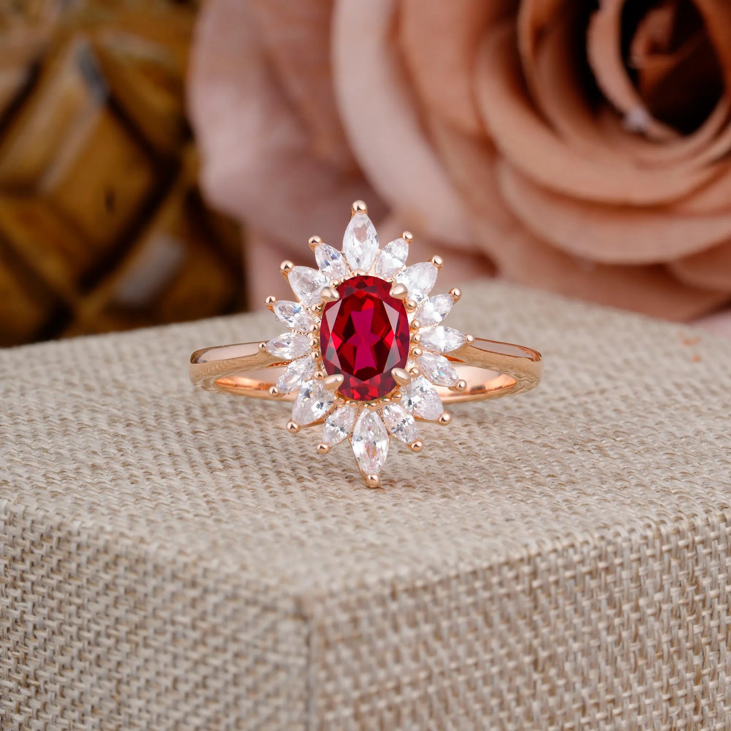 1 Carat Oval Cut Cluster Flower Ruby Halo Engagement Ring