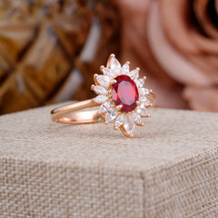1 Carat Oval Cut Cluster Ruby Engagement Ring Vintage Halo Bridal Ring