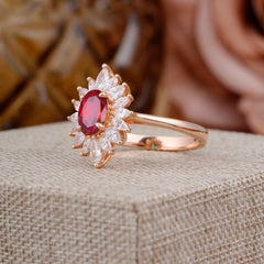 1 Carat Oval Cut Cluster Ruby Engagement Ring Vintage Halo Bridal Ring