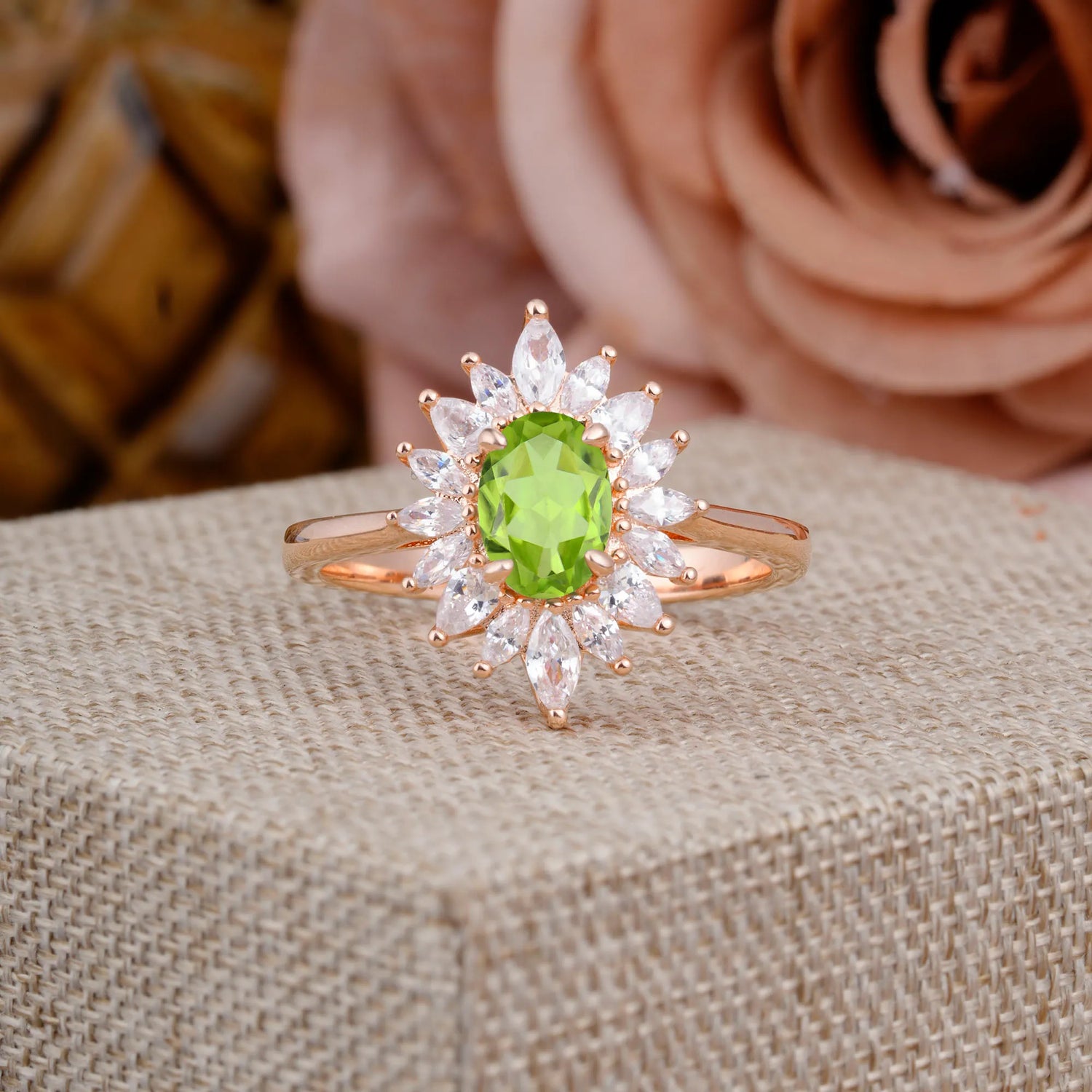 1 Carat Oval Cut Cluster Flower Peridot Halo Engagement Ring