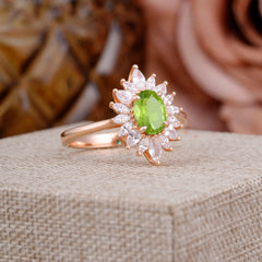 1 Carat Oval Cut Cluster Peridot Engagement Ring Vintage Halo Bridal Ring