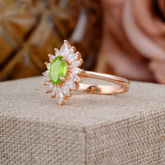 1 Carat Oval Cut Cluster Peridot Engagement Ring Vintage Halo Bridal Ring