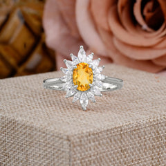 1 Carat Oval Cut Cluster Citrine Engagement Ring Vintage Halo Bridal Ring