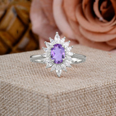 1 Carat Oval Cut Cluster Amethyst Engagement Ring Vintage Halo Bridal Ring