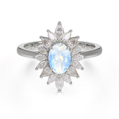 1 Carat Oval Cut Cluster Moonstone Engagement Ring Vintage Halo Bridal Ring