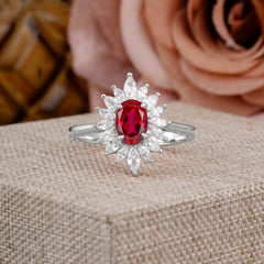 1 Carat Oval Cut Cluster Ruby Engagement Ring Vintage Halo Bridal Ring
