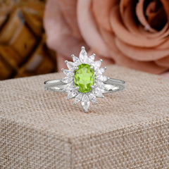 1 Carat Oval Cut Cluster Peridot Engagement Ring Vintage Halo Bridal Ring
