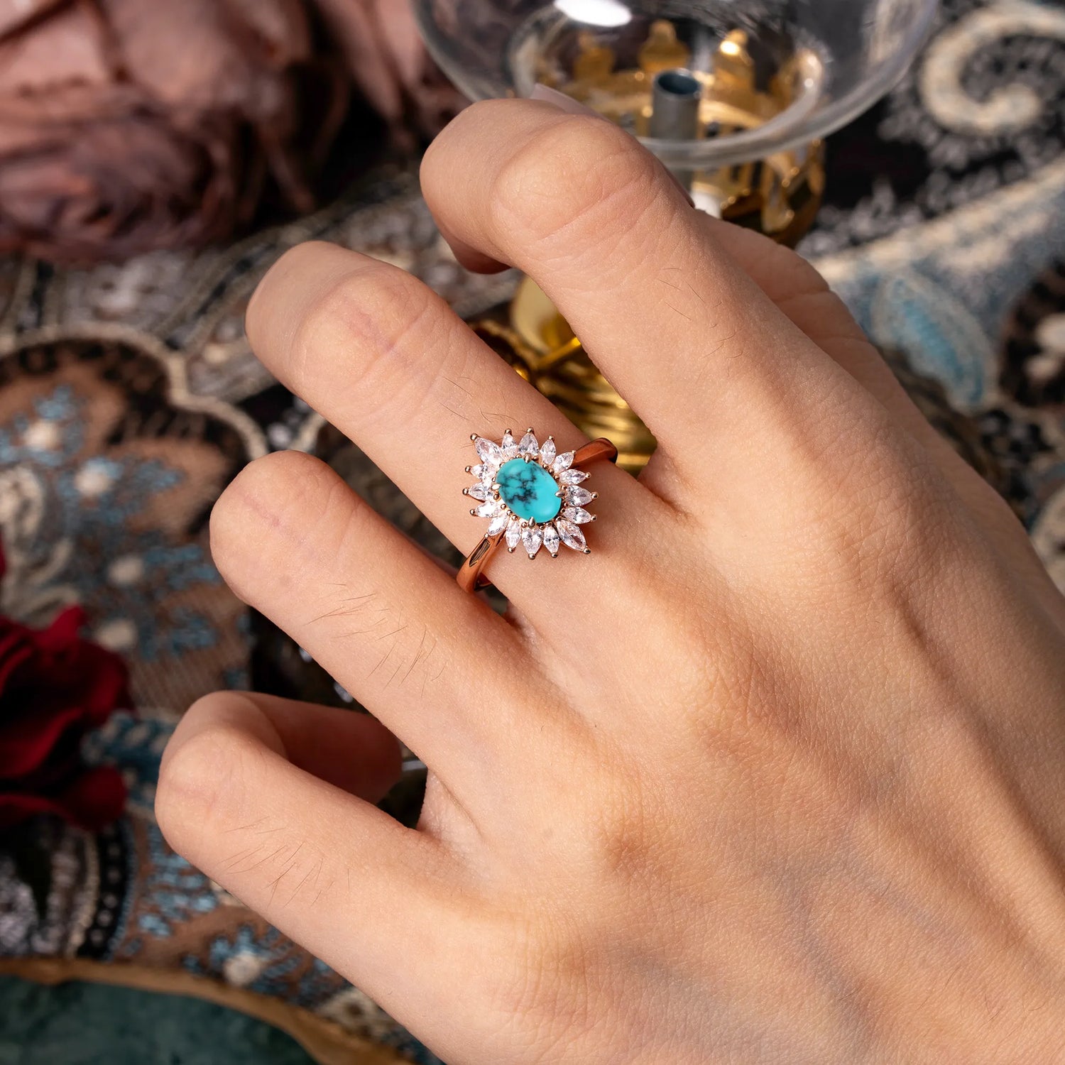 1 Carat Oval Cut Cluster Flower Turquoise Halo Engagement Ring