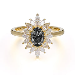 1 Carat Oval Cut Cluster Black Rutilated Quartz Engagement Ring Vintage Halo Bridal Ring