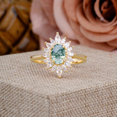 1 Carat Oval Cut Cluster Moss Agate Engagement Ring Vintage Halo Bridal Ring