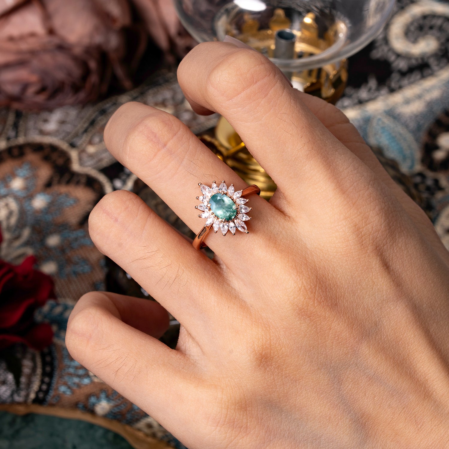 1 Carat Oval Cut Cluster Moss Agate Halo Engagement Ring