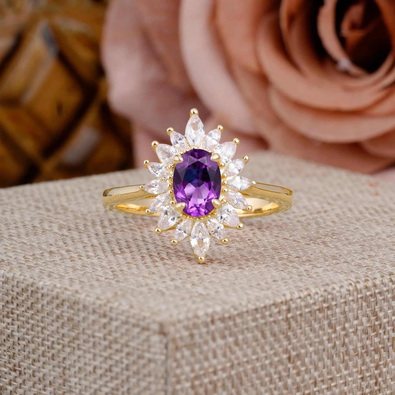 1 Carat Oval Cut Cluster Amethyst Halo Engagement Ring