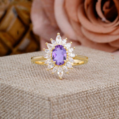 1 Carat Oval Cut Cluster Amethyst Engagement Ring Vintage Halo Bridal Ring