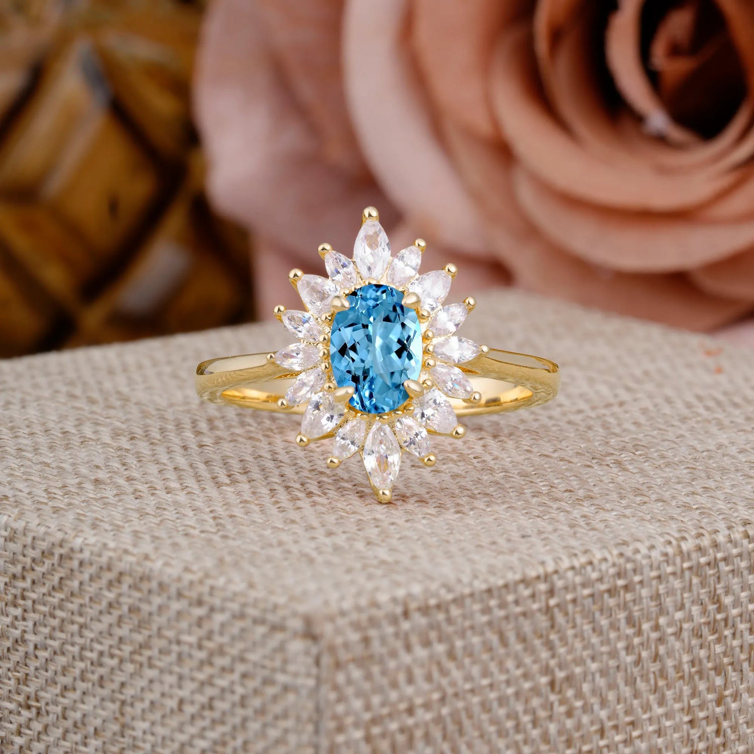 1 Carat Oval Cut Cluster Aquamarine Engagement Ring Vintage Halo Bridal Ring