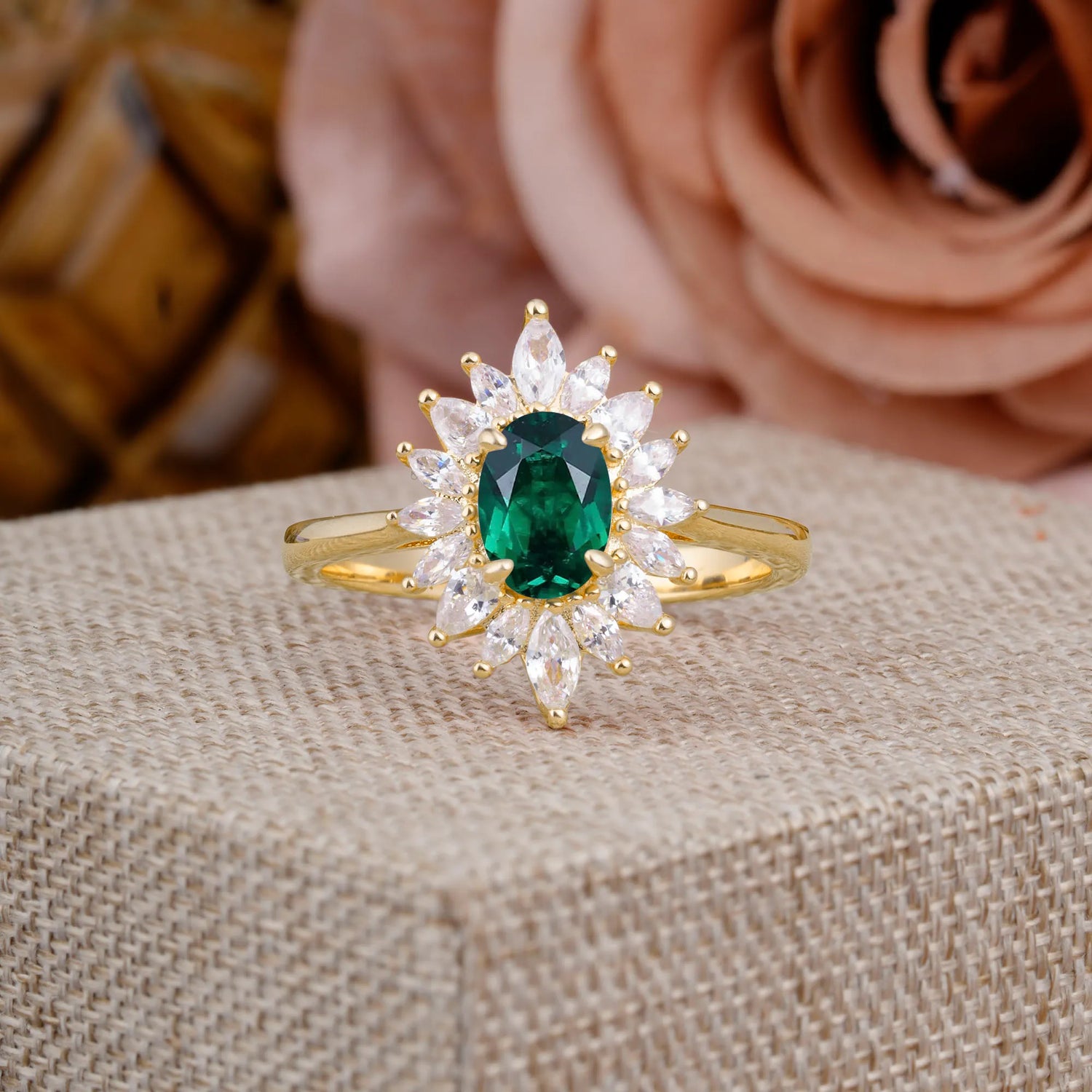 1 Carat Oval Cut Cluster Emerald Halo Engagement Ring - Romalar Jewelry