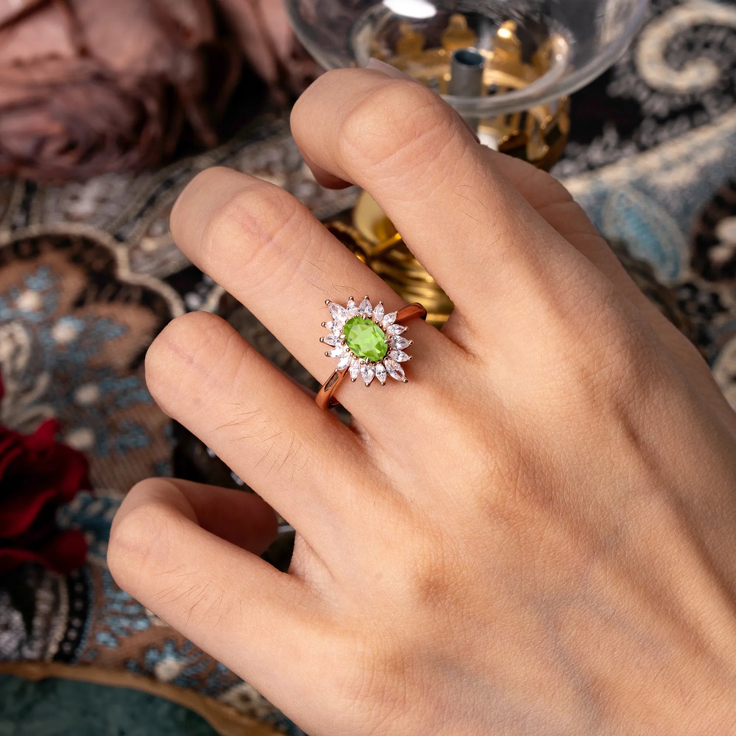 1 Carat Oval Cut Cluster Flower Peridot Halo Engagement Ring