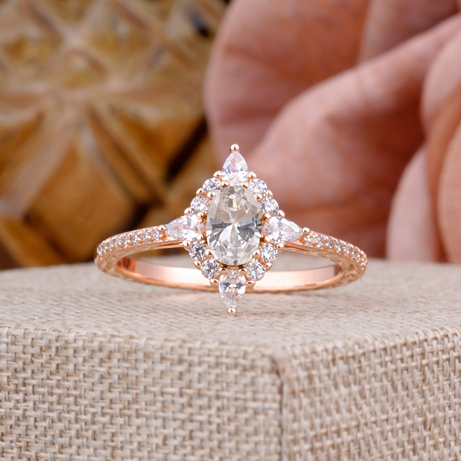 Vintage Oval Cut Moissanite Engagement Ring Cluster Pave Bridal Ring