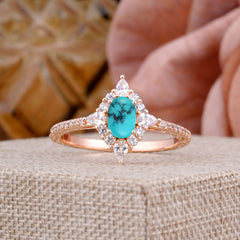 Vintage 4 Prong Oval Cut Turquoise Engagement Ring Cluster Pave Bridal Ring