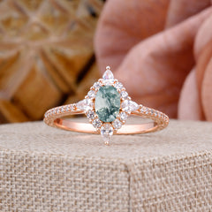 Vintage Oval Cut Moss Agate Engagement Ring Cluster Pave Bridal Ring