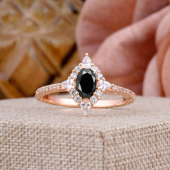 Vintage 4 Prong Oval Cut Black Onyx Engagement Ring Cluster Pave Bridal Ring