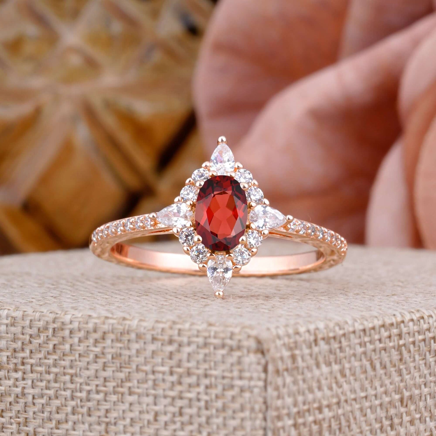 Vintage 4 Prong Oval Cut Garnet Engagement Ring Cluster Pave Bridal Ring