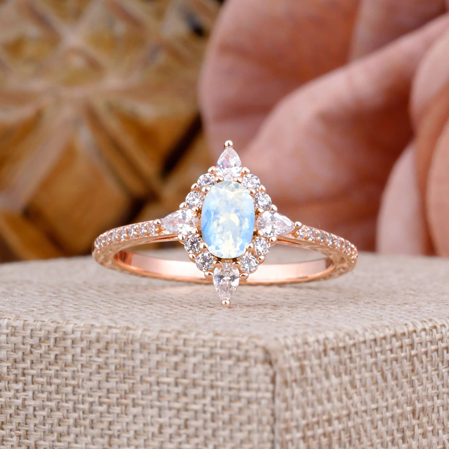 Vintage 4 Prong Oval Cut Moonstone Engagement Ring Cluster Pave Bridal Ring