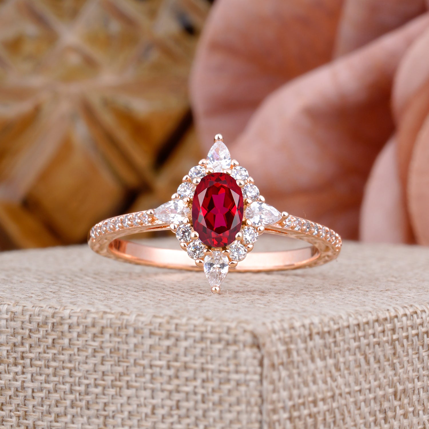 Vintage Oval Cut Ruby Engagement Ring Cluster Pave Bridal Ring