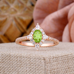 Vintage 4 Prong Oval Cut Peridot Engagement Ring Cluster Pave Bridal Ring
