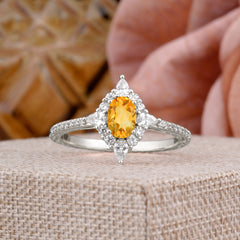 Vintage Oval Cut Citrine Engagement Ring Cluster Pave Bridal Ring