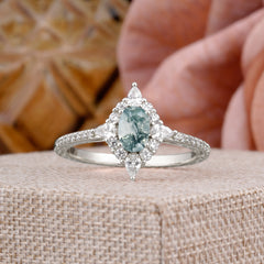 Vintage Oval Cut Moss Agate Engagement Ring Cluster Pave Bridal Ring
