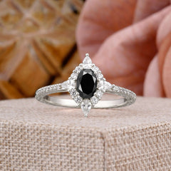 Vintage 4 Prong Oval Cut Black Onyx Engagement Ring Cluster Pave Bridal Ring