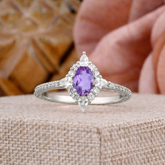Vintage 4 Prong Oval Cut Amethyst Engagement Ring Cluster Pave Bridal Ring