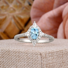 Vintage 4 Prong Oval Cut Aquamarine Engagement Ring Cluster Pave Bridal Ring