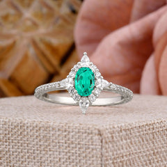 Vintage 4 Prong Oval Cut Emerald Engagement Ring Cluster Pave Bridal Ring