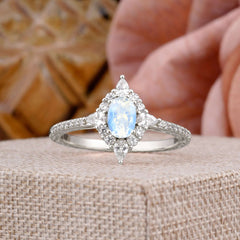 Vintage 4 Prong Oval Cut Moonstone Engagement Ring Cluster Pave Bridal Ring